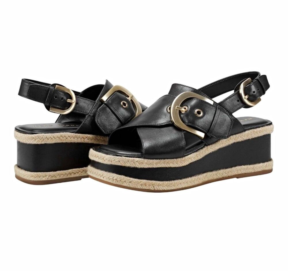 Marc Fisher LTD Women’s Black Leather Slingback Open Toe Wedge Sandals 10